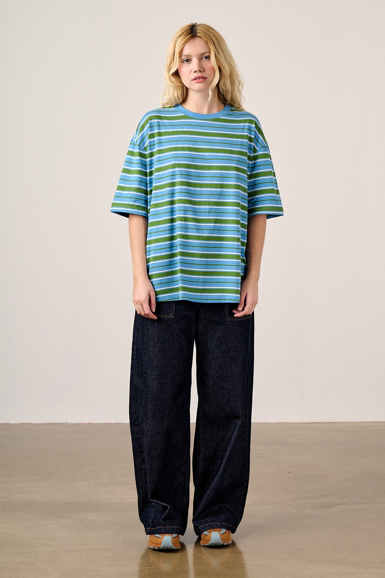 Benny - Oversized Cotton T-Shirt in Green & Blue Stripe