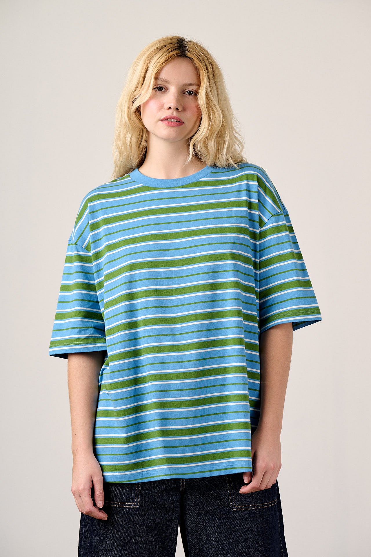 Benny - Oversized Cotton T-Shirt in Green & Blue Stripe