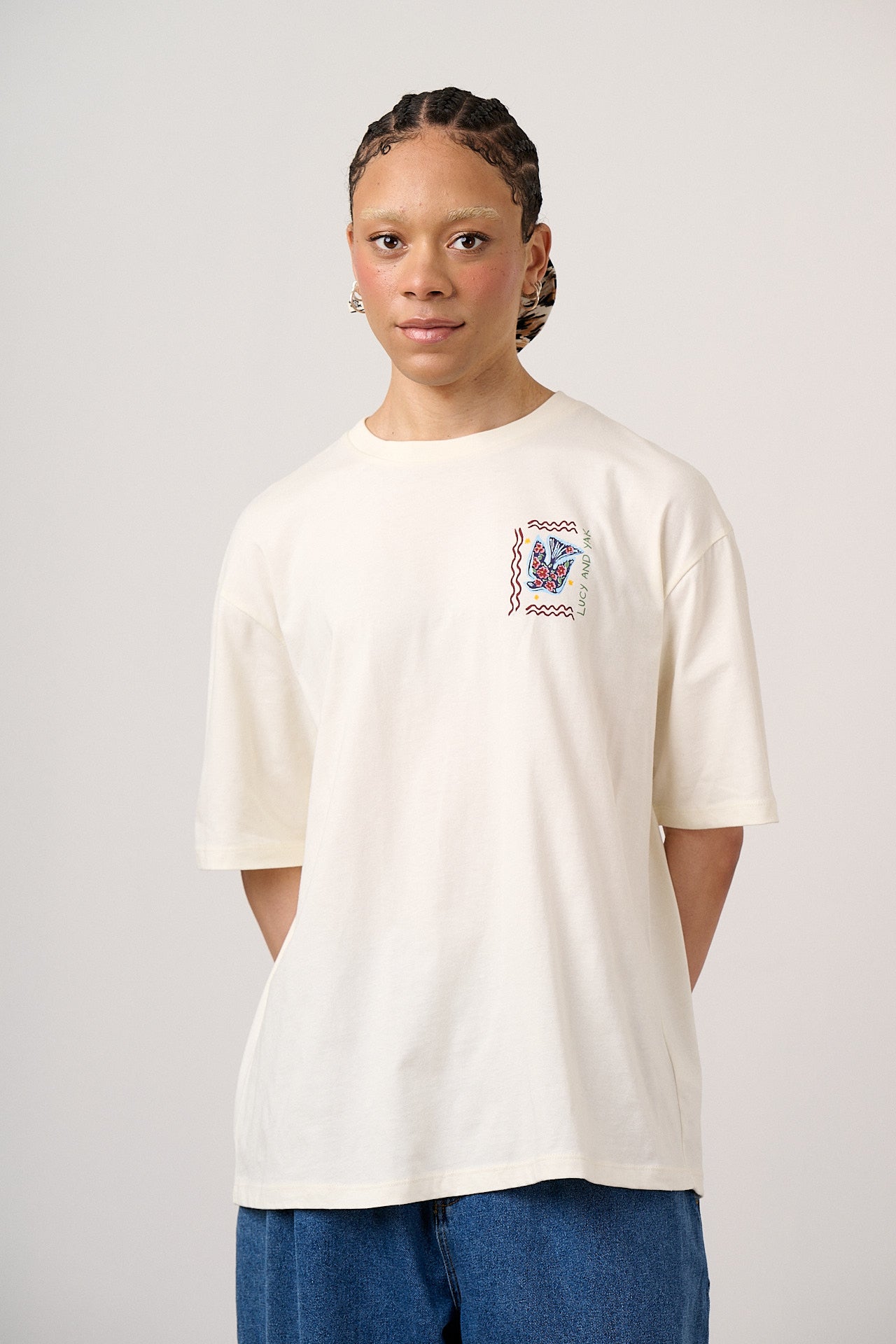Benny - Oversized Cotton T-Shirt in Ecru Cosmic Folk Tile Print
