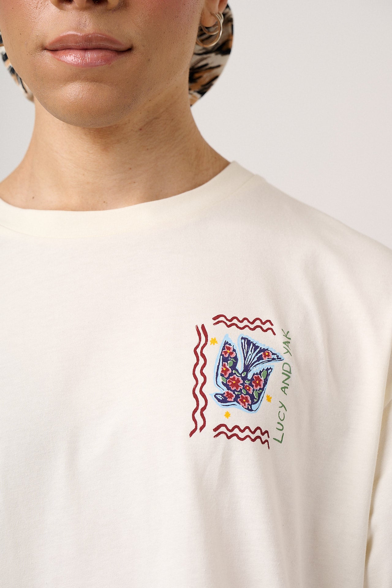 Benny - Oversized Cotton T-Shirt in Ecru Cosmic Folk Tile Print