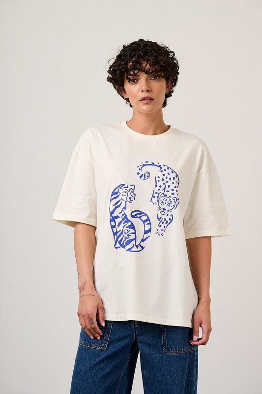 Benny - Oversized Cotton T-Shirt in Ecru Tiger