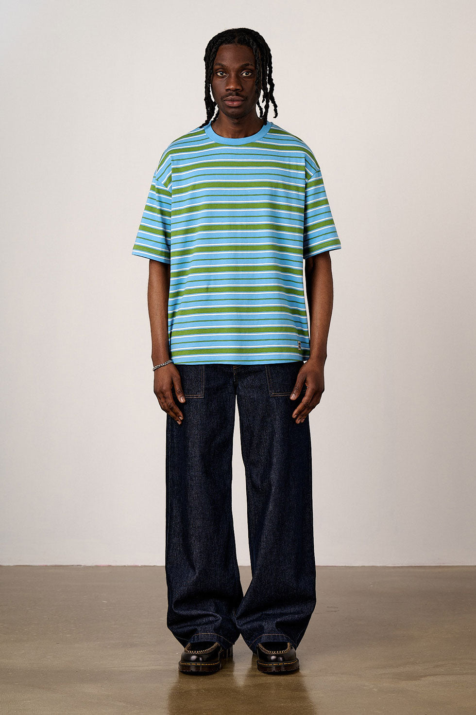 Benny - Oversized Cotton T-Shirt in Green & Blue Stripe