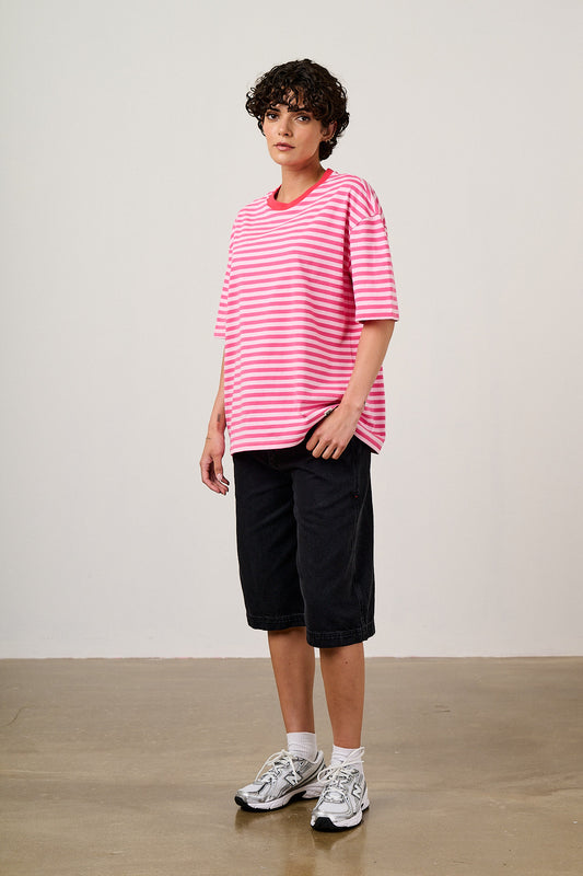 Benny - Oversized Cotton T-Shirt in Pink & Red Stripe