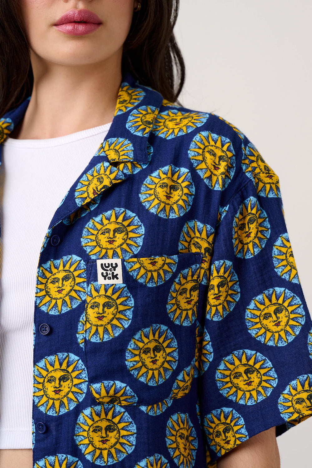 Cam - Cotton Shirt in Navy Cosmic Suns Print