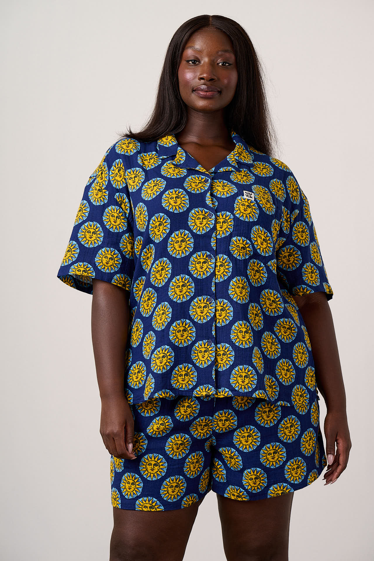 Cam - Cotton Shirt in Navy Cosmic Suns Print