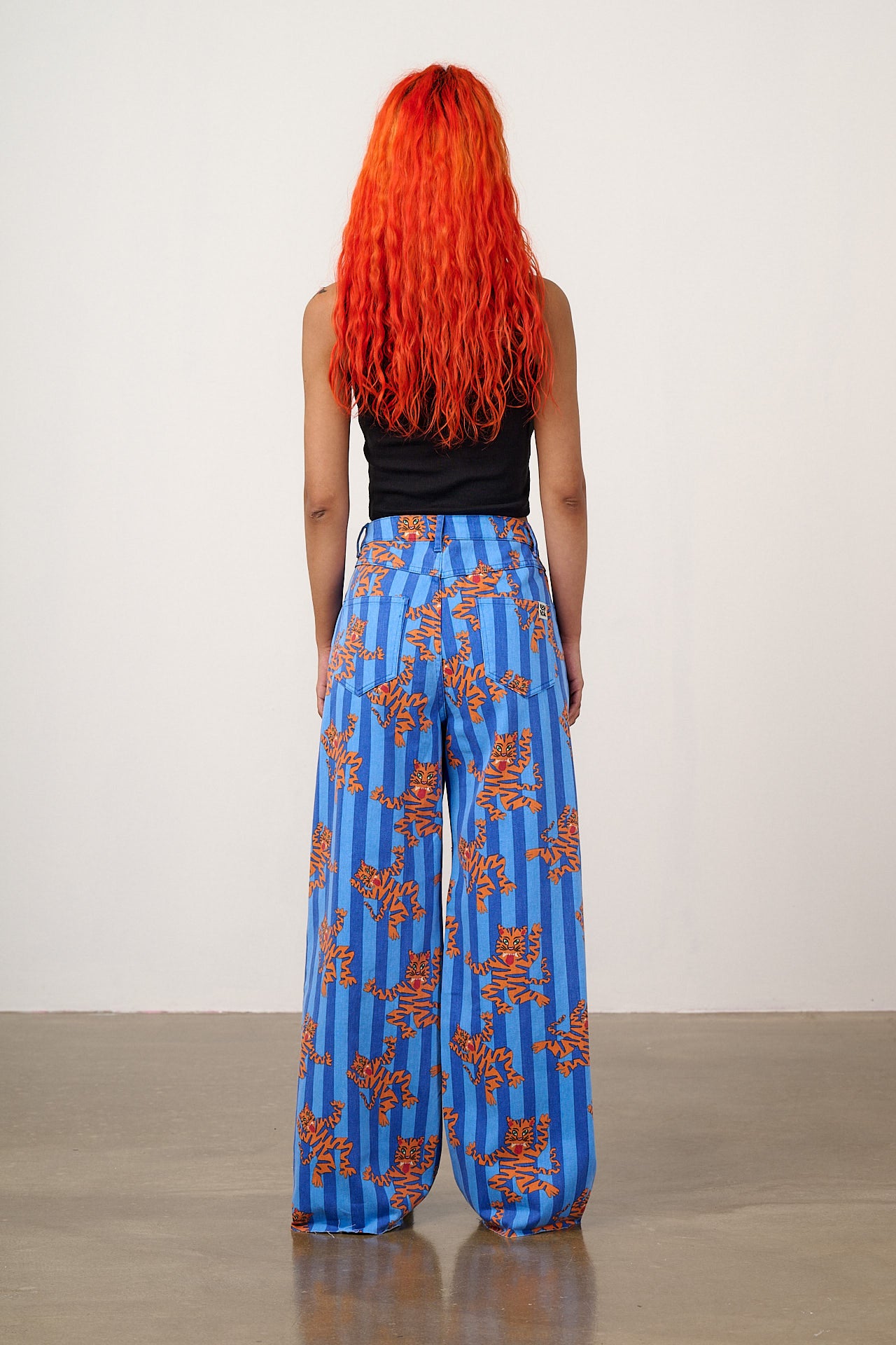 Carter - High Waisted Cotton Trousers in Blue Tiger Stripe
