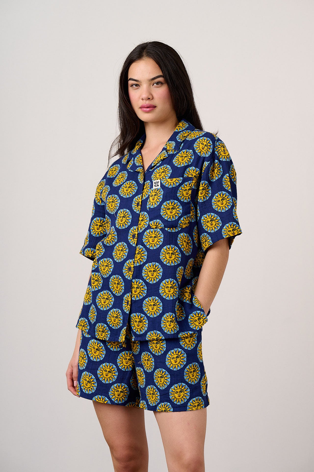 Charlie - Cotton Shorts in Navy Cosmic Suns Print