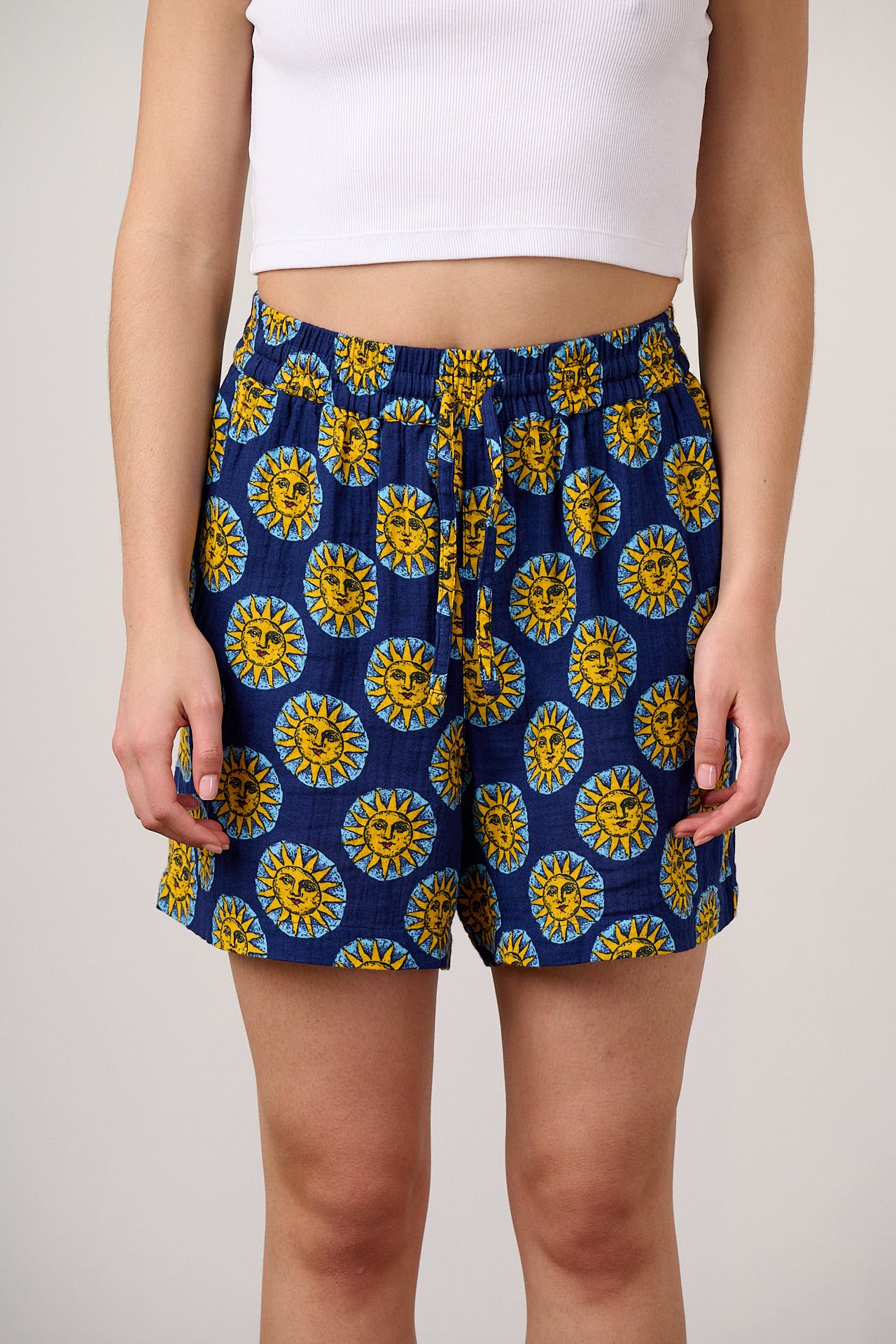 Charlie - Cotton Shorts in Navy Cosmic Suns Print