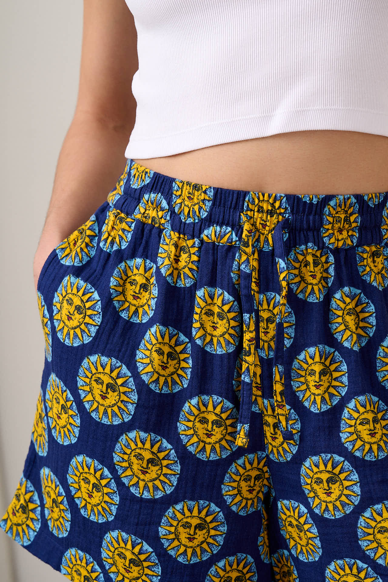 Charlie - Cotton Shorts in Navy Cosmic Suns Print