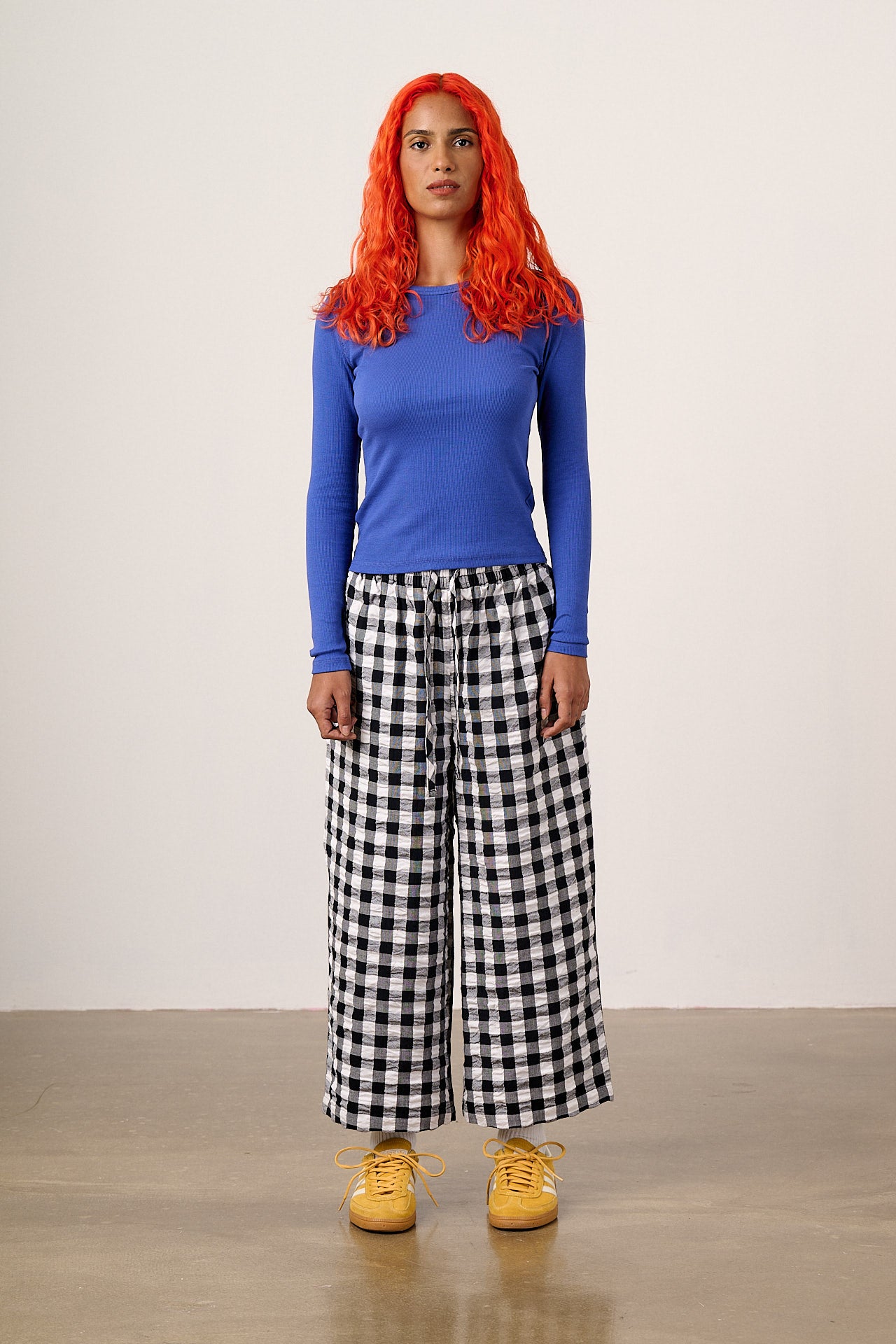 Chuck - Wide Leg Cotton Trousers in Black & White Gingham