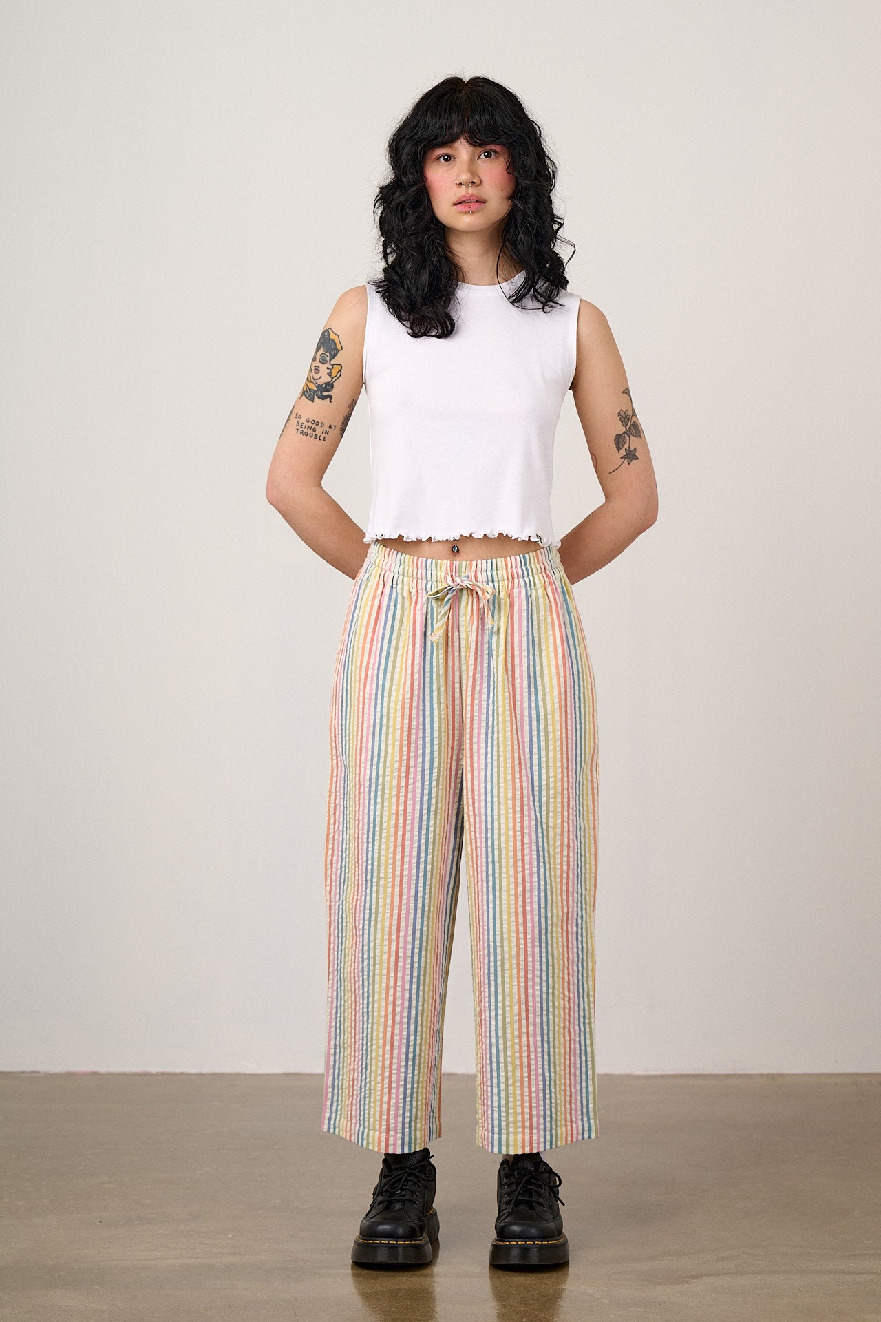 Chuck - Wide Leg Cotton Trousers in Vintage Rainbow Stripe