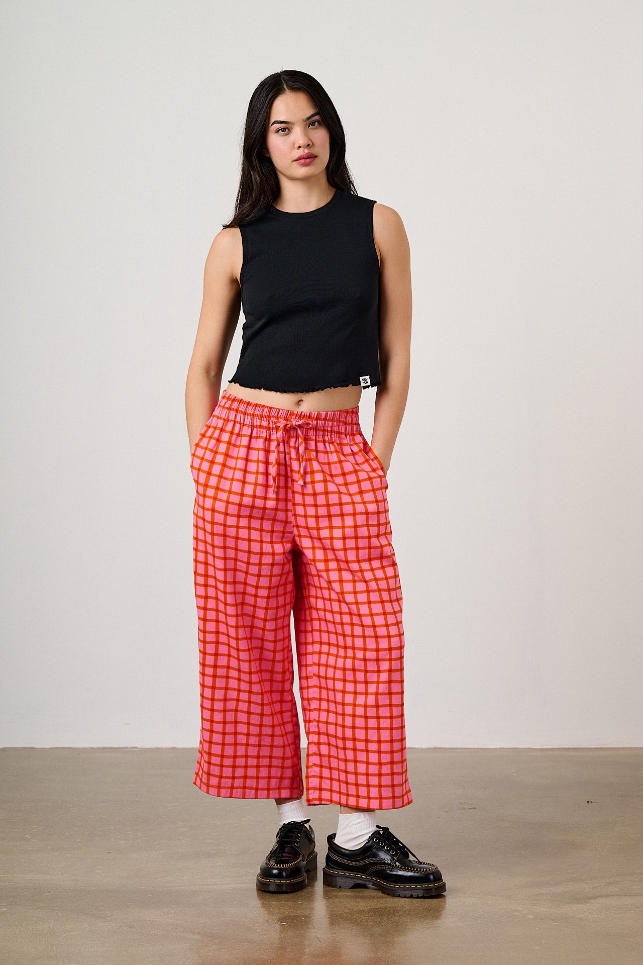 Chuck - Wide Leg Cotton Trousers in Pink & Red Check