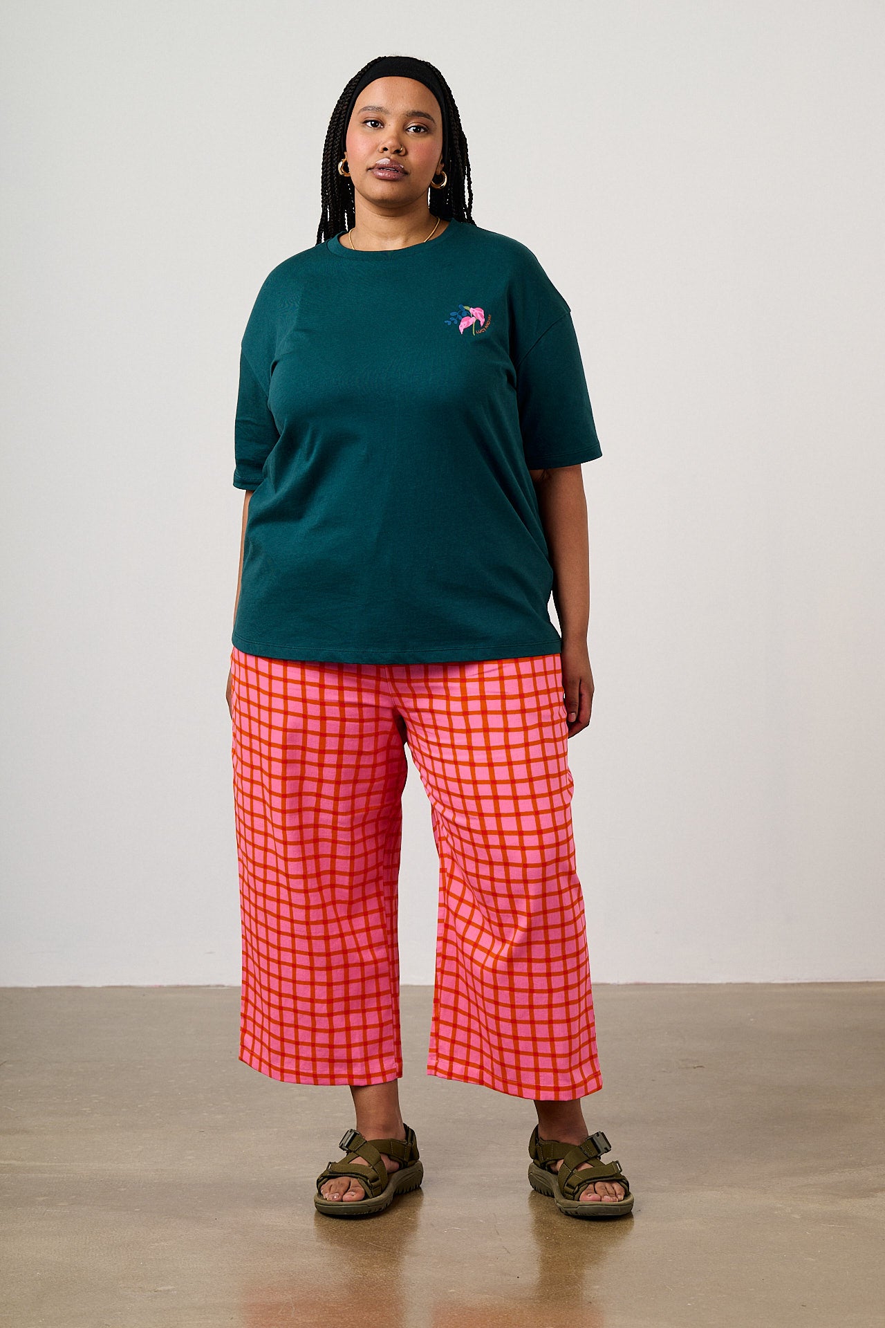 Chuck - Wide Leg Cotton Trousers in Pink & Red Check