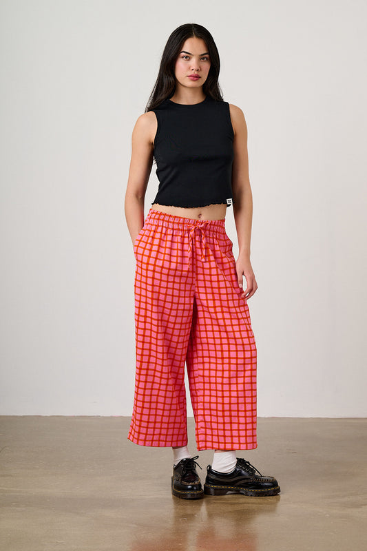Chuck - Wide Leg Cotton Trousers in Pink & Red Check
