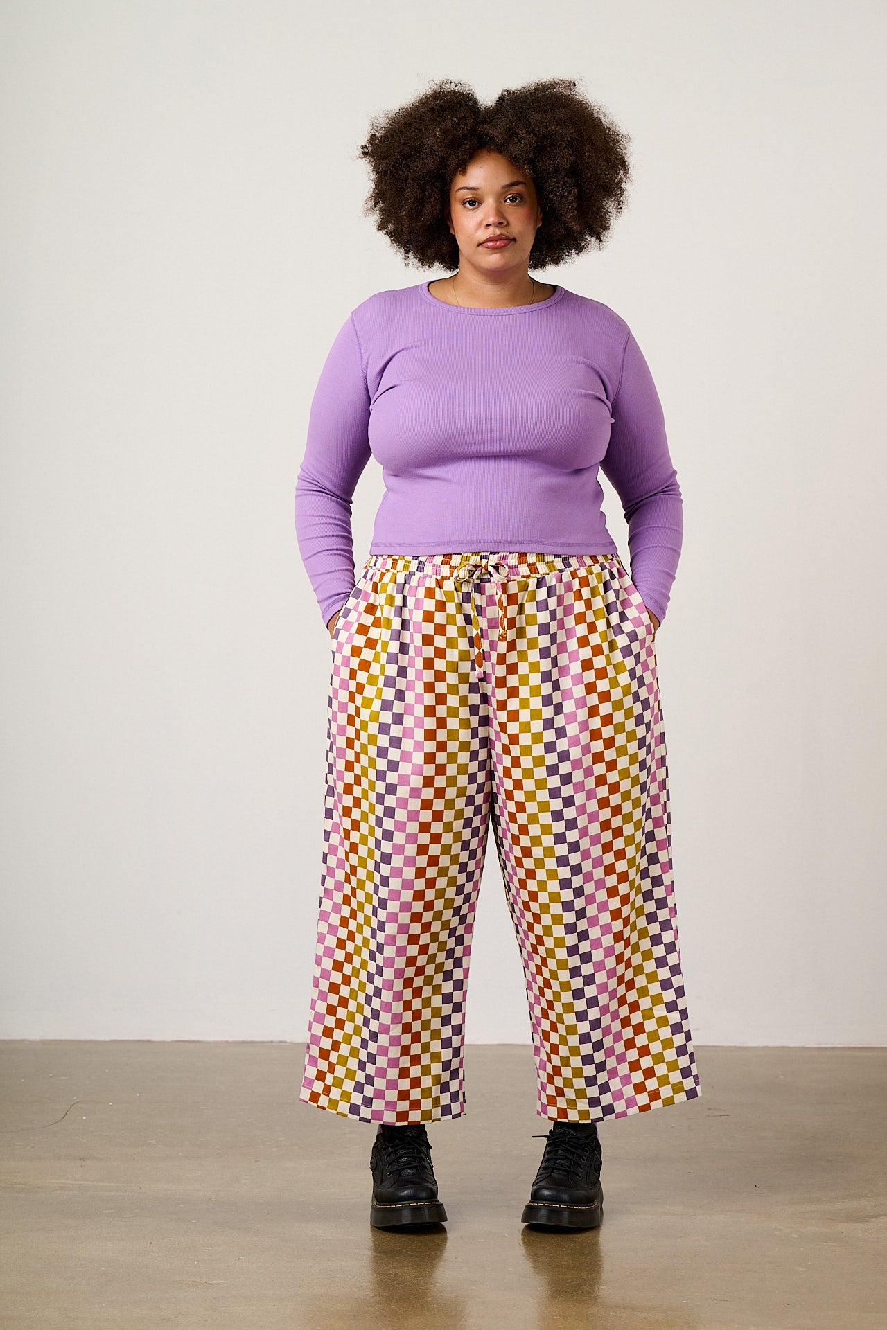 Chuck - Wide Leg Cotton Trousers in Retro Picnic Checkerboard