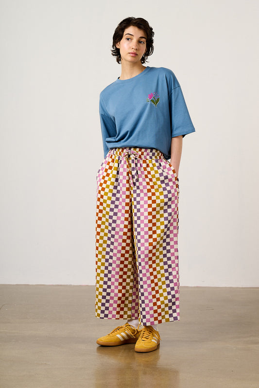 Chuck - Wide Leg Cotton Trousers in Retro Picnic Checkerboard