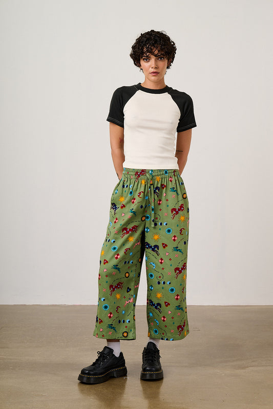 Chuck - Wide Leg Cotton Trousers in Green Celestial Dreaming