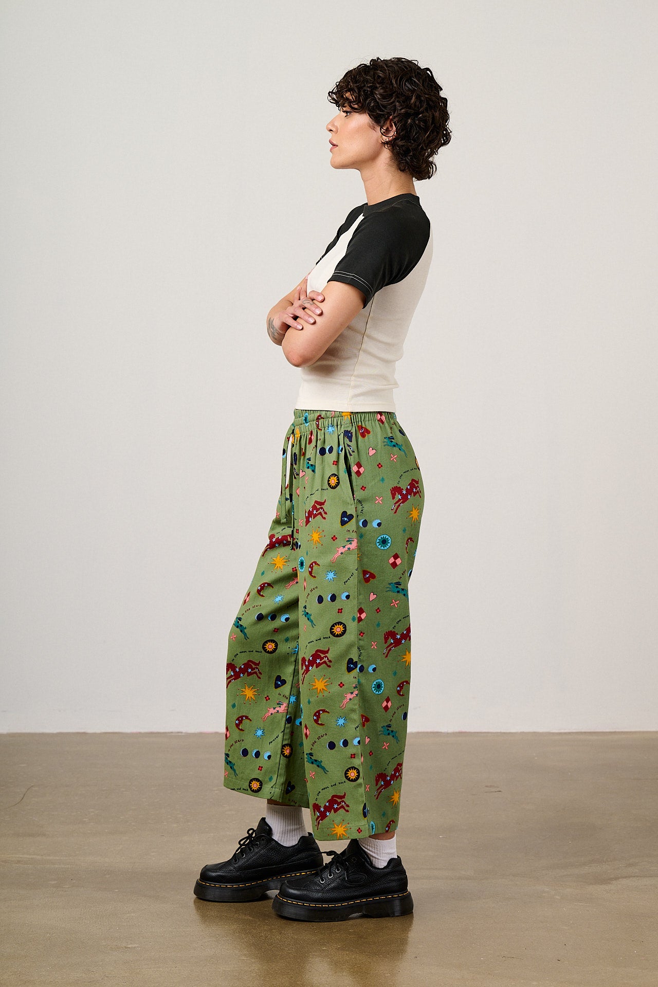 Chuck - Wide Leg Cotton Trousers in Green Celestial Dreaming