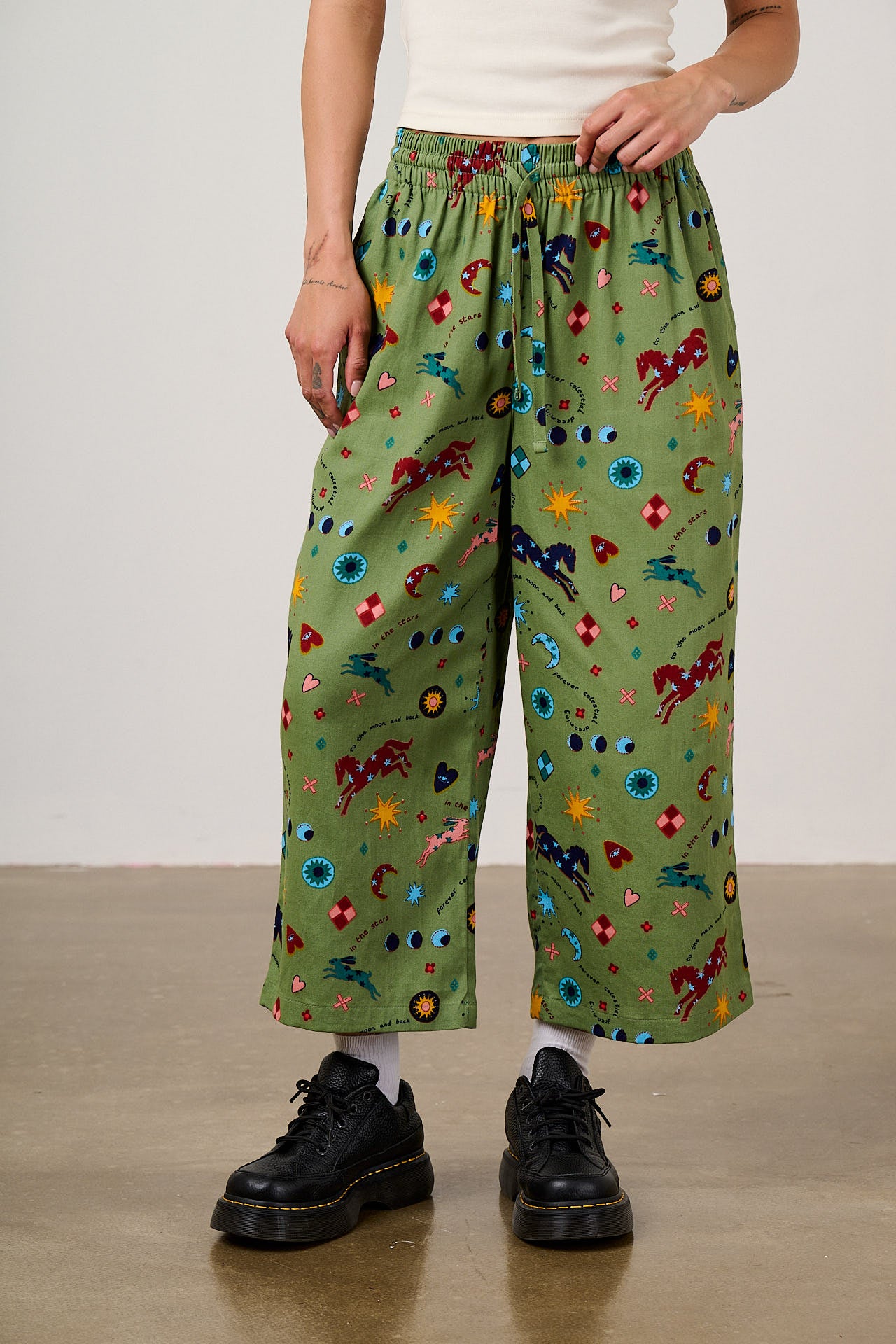 Chuck - Wide Leg Cotton Trousers in Green Celestial Dreaming