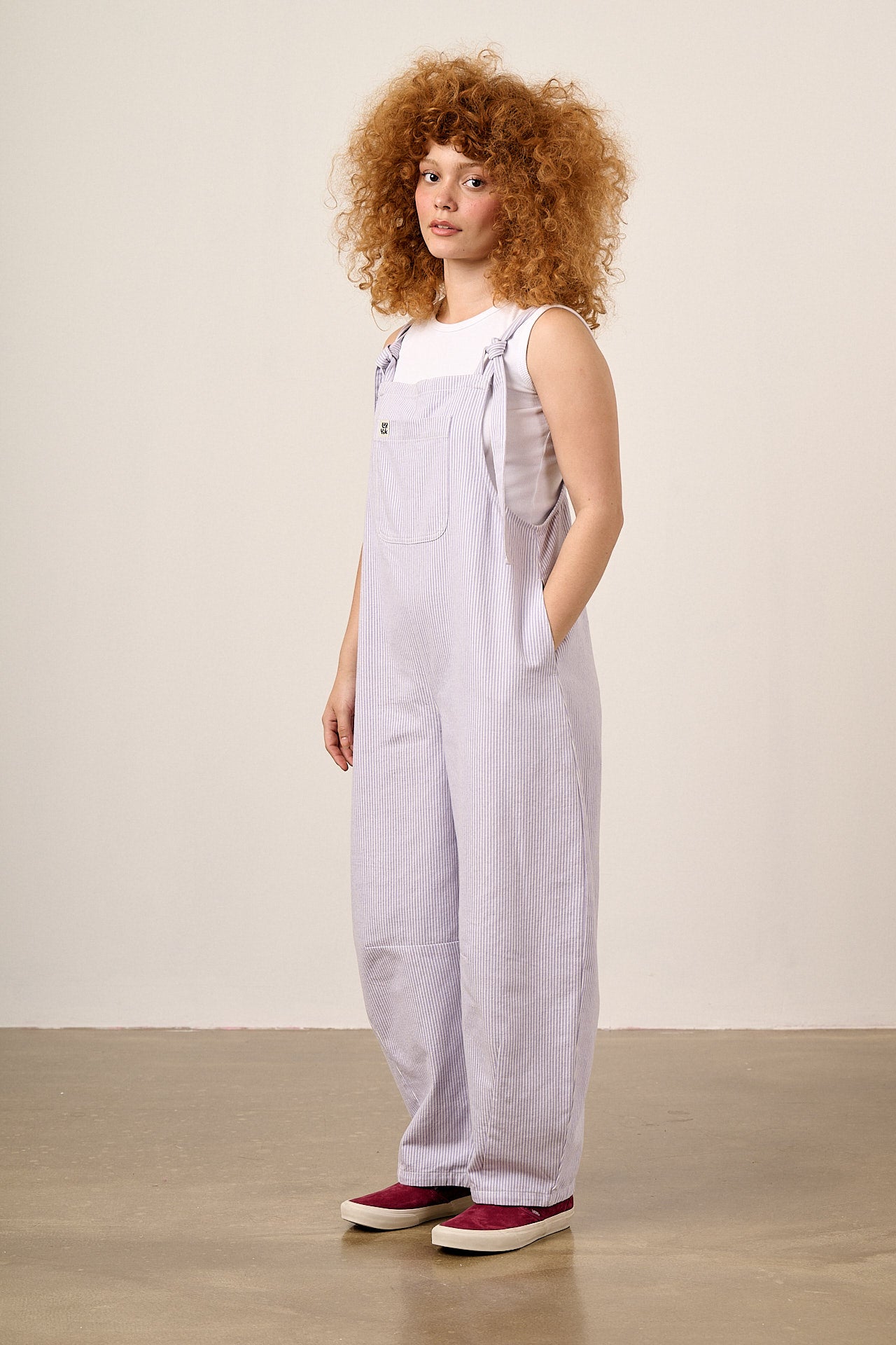 Chula - Cotton Barrel Leg Dungarees in Lilac Hickory Stripe