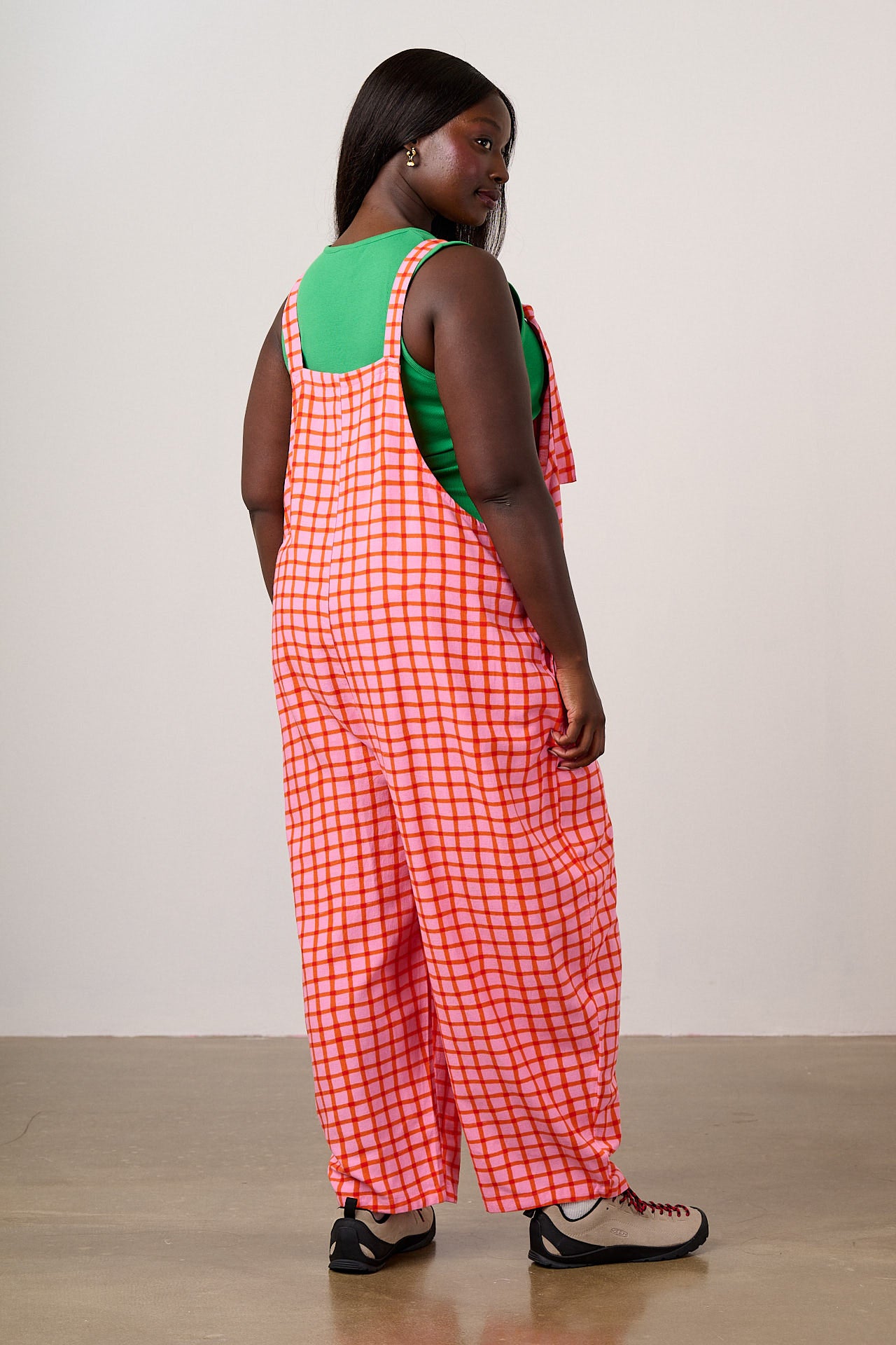 Chula - Viscose Barrel Leg Dungarees in Pink & Red Check