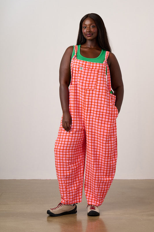 Chula - Viscose Barrel Leg Dungarees in Pink & Red Check