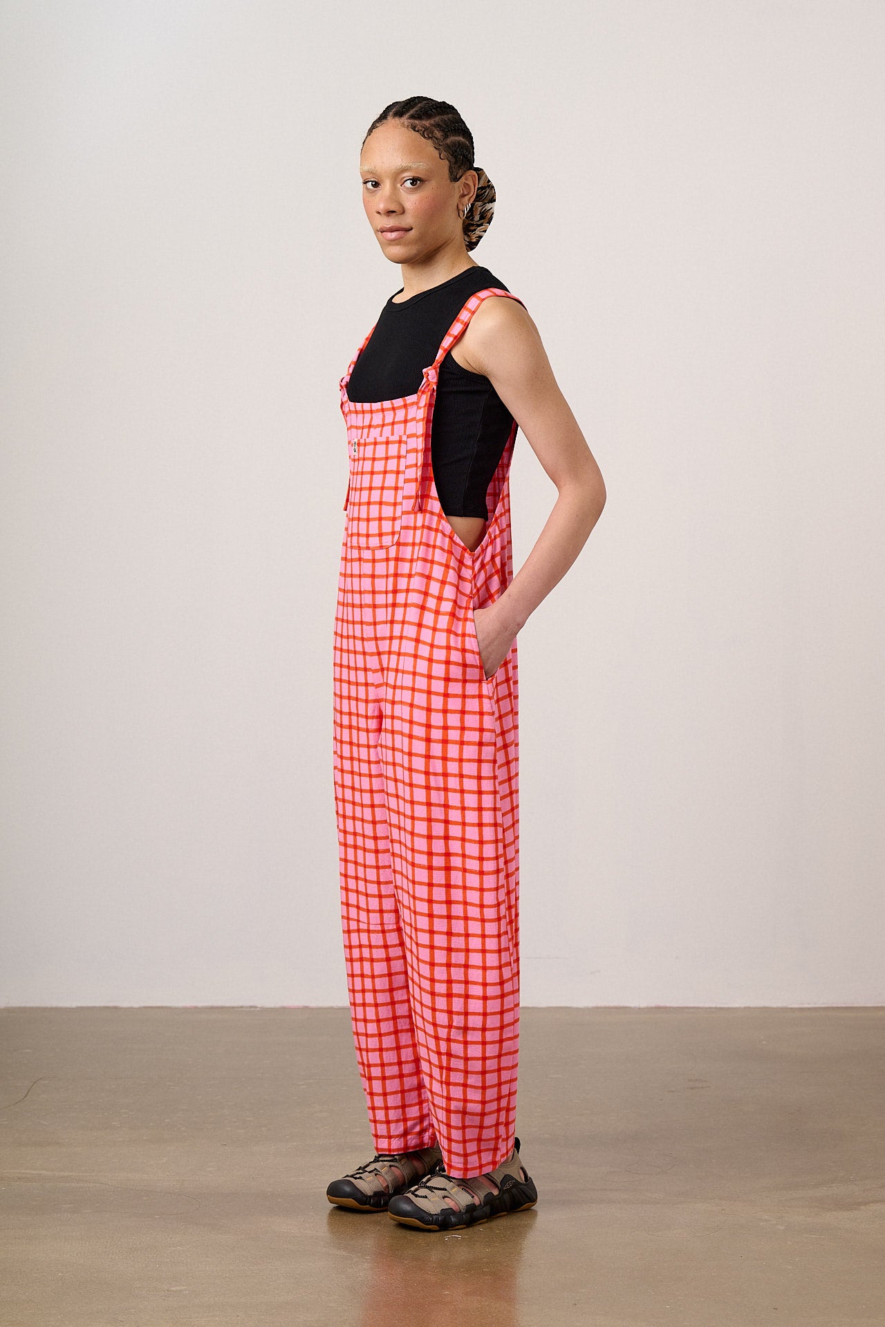 Chula - Viscose Barrel Leg Dungarees in Pink & Red Check