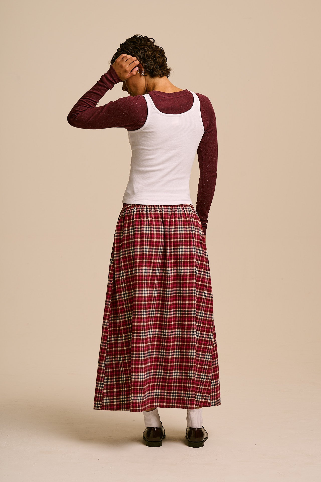 Clara - Brushed Cotton Midi Skirt in Red Ahoy Check