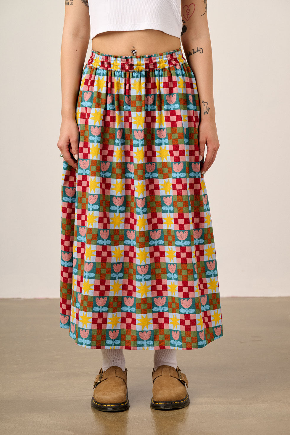 Clara - Cotton & Linen Midi Skirt in Cosmic Folk Tulip Print