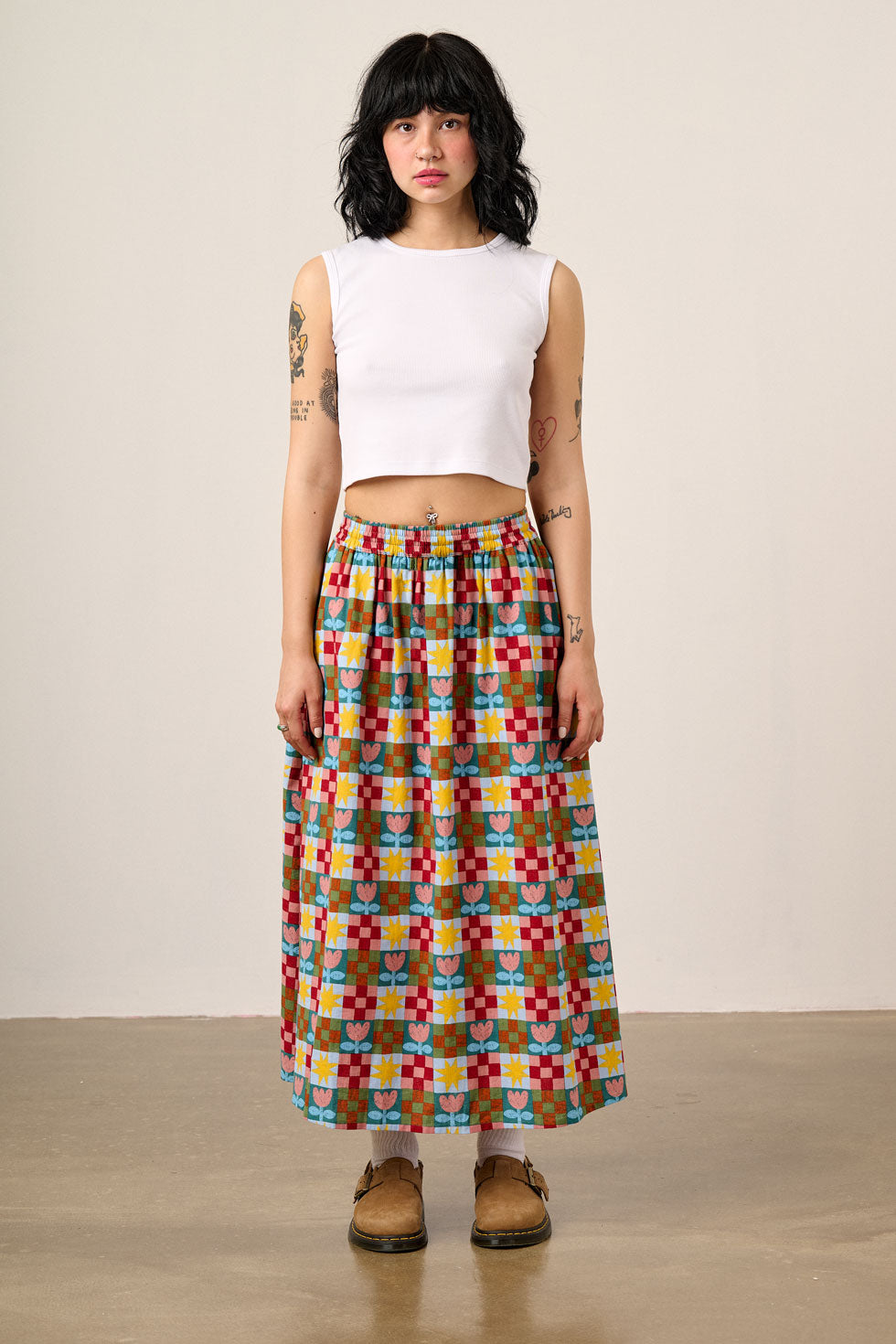 Clara - Cotton & Linen Midi Skirt in Cosmic Folk Tulip Print
