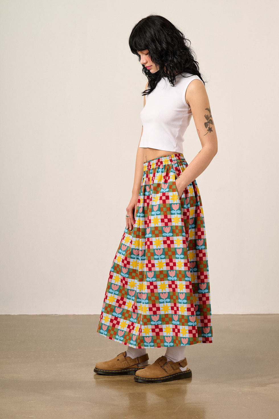 Clara - Cotton & Linen Midi Skirt in Cosmic Folk Tulip Print