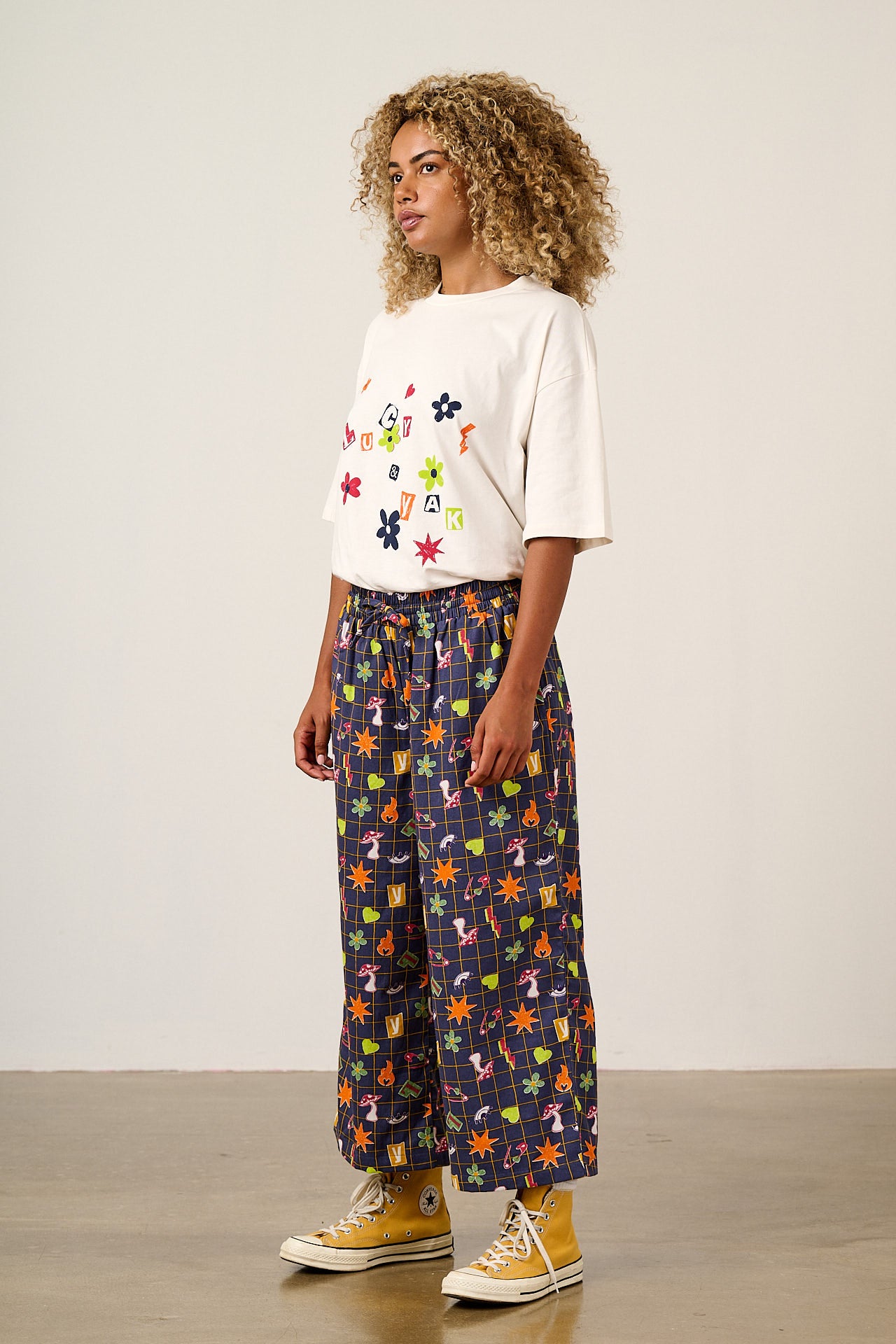 Chuck - Wide Leg Cotton Trousers in Punk Energy Grid