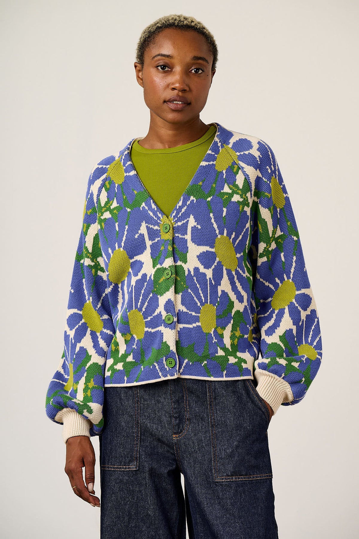 Juniper - Organic Cotton Knit Cardigan in Large Floral