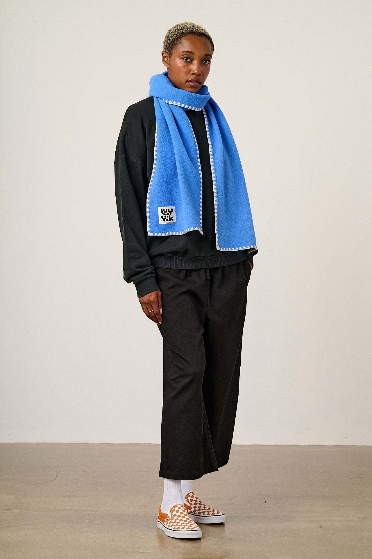 Kiri - Polar Fleece Blanket Stitch Scarf in Blue