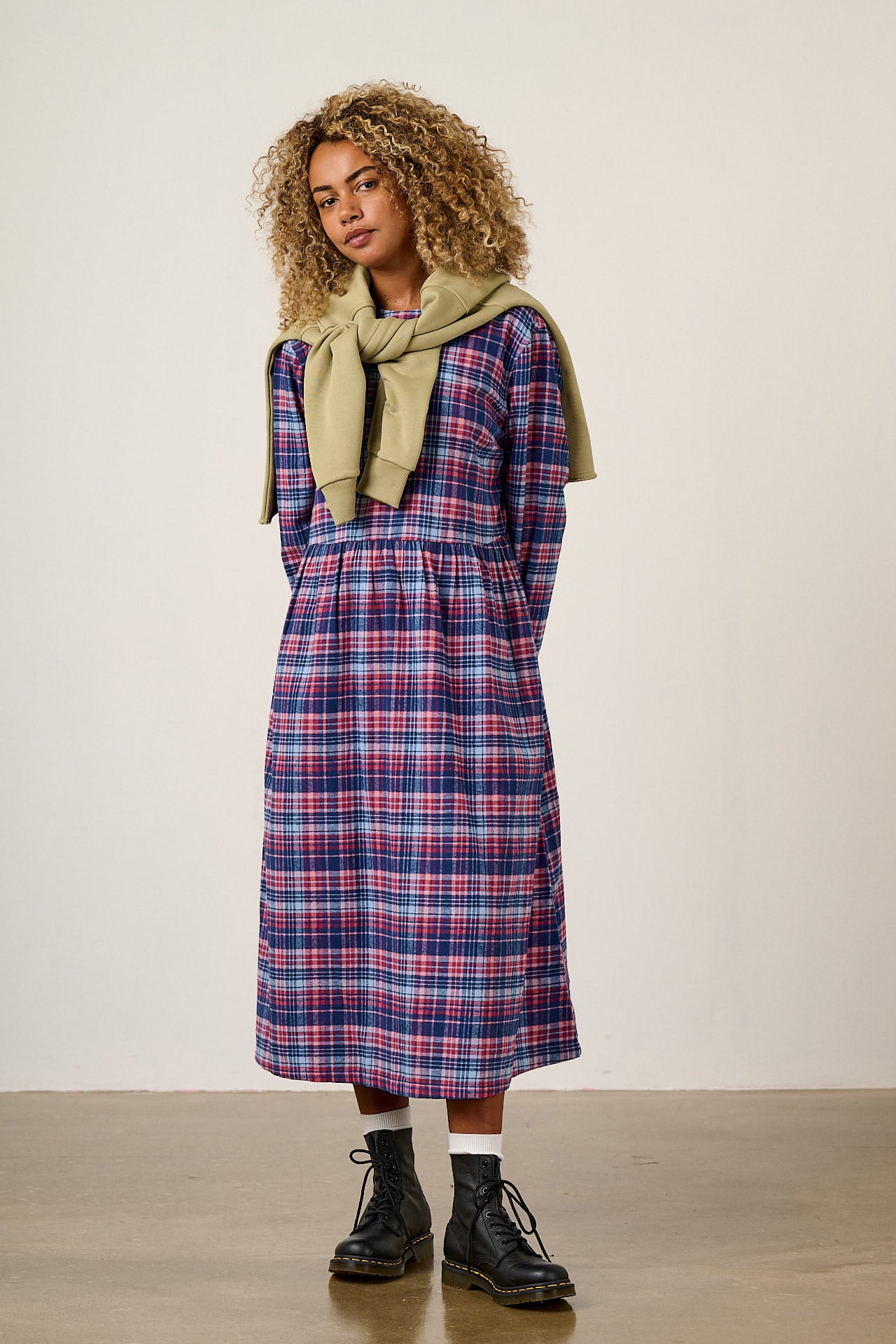 Micah - Brushed Cotton Midi Dress in Blue & Red Check