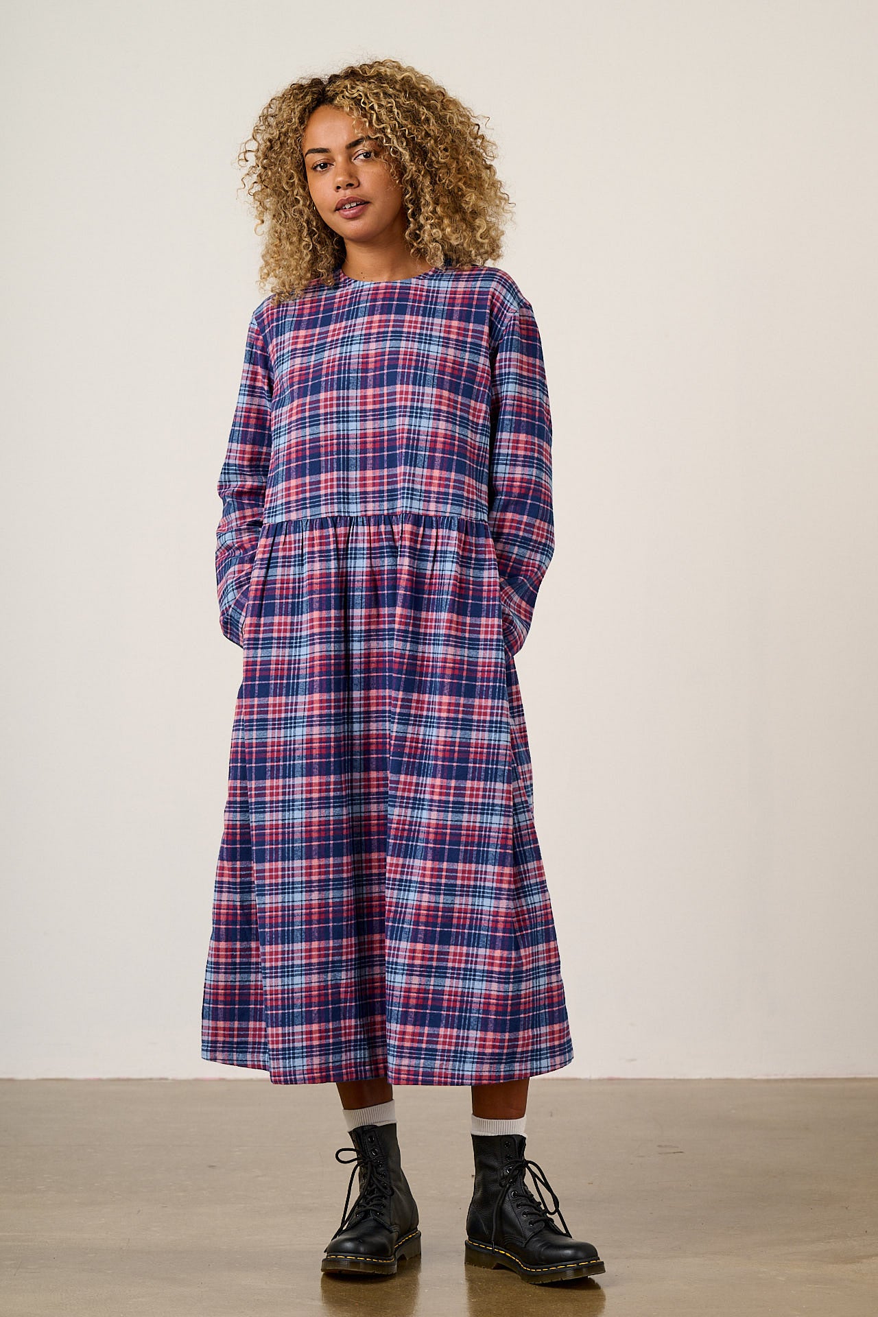 Micah - Brushed Cotton Midi Dress in Blue & Red Check
