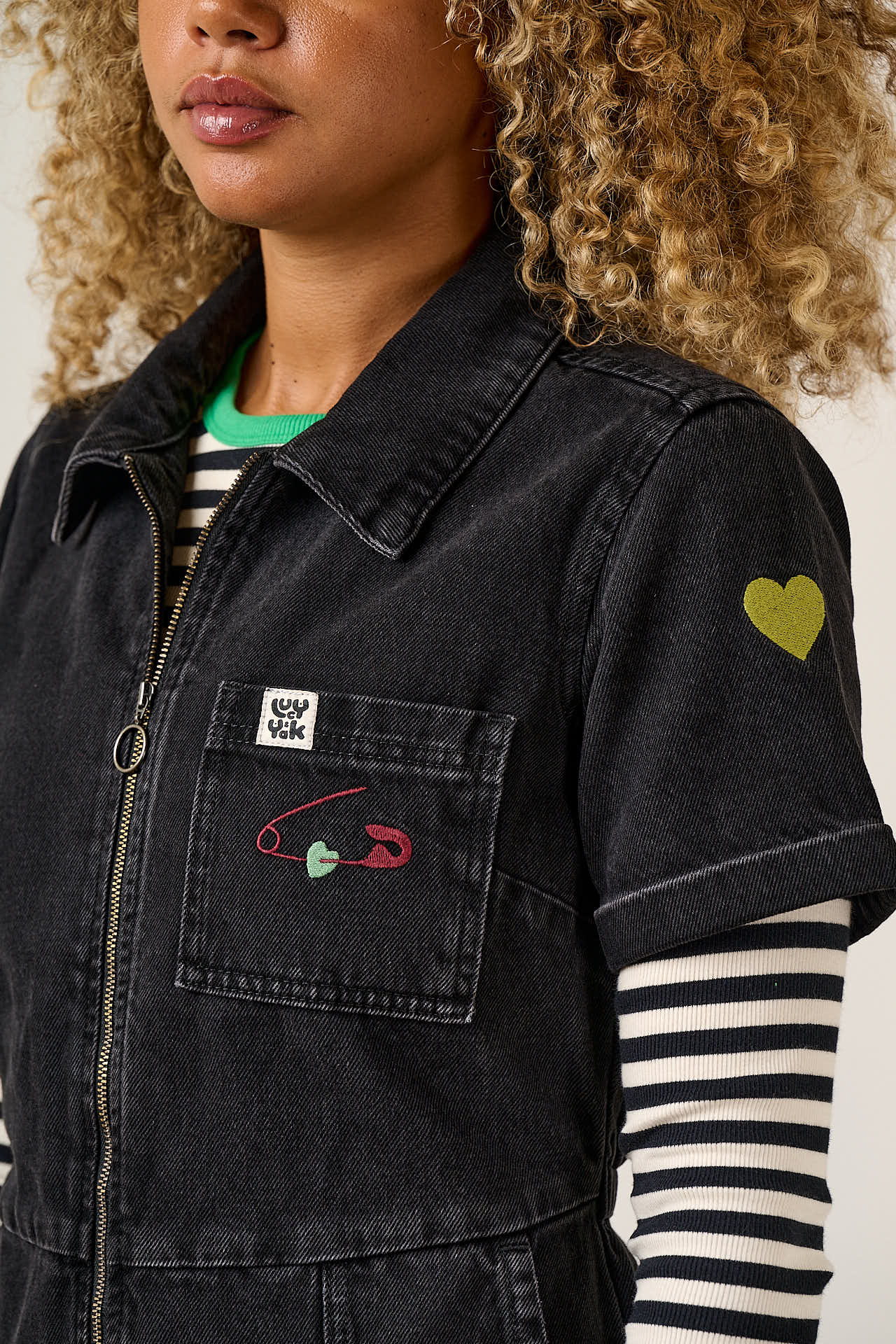 Ragan - Denim Jumpsuit in Washed Black with Punk Energy Patches