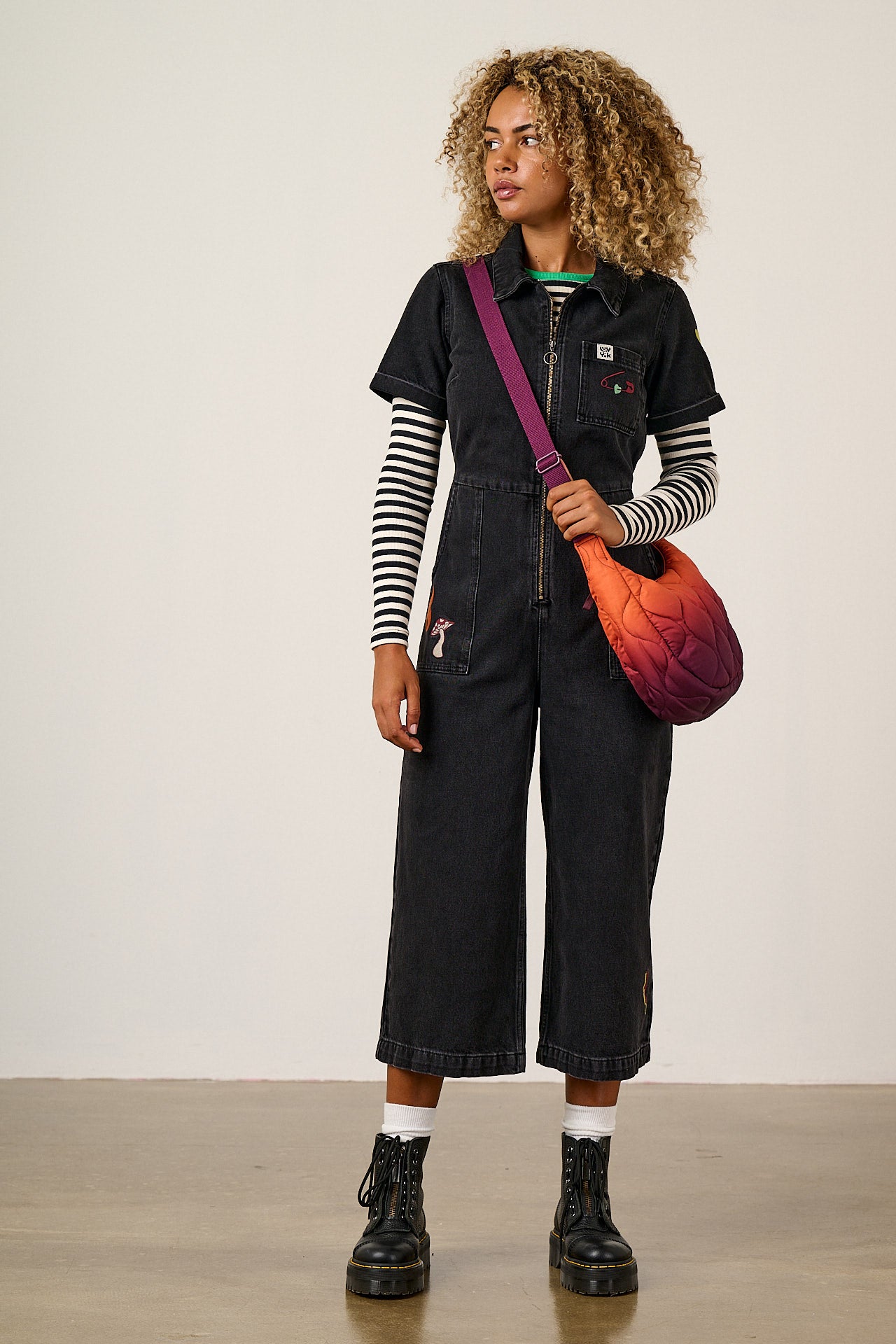 Ragan - Denim Jumpsuit in Washed Black with Punk Energy Patches