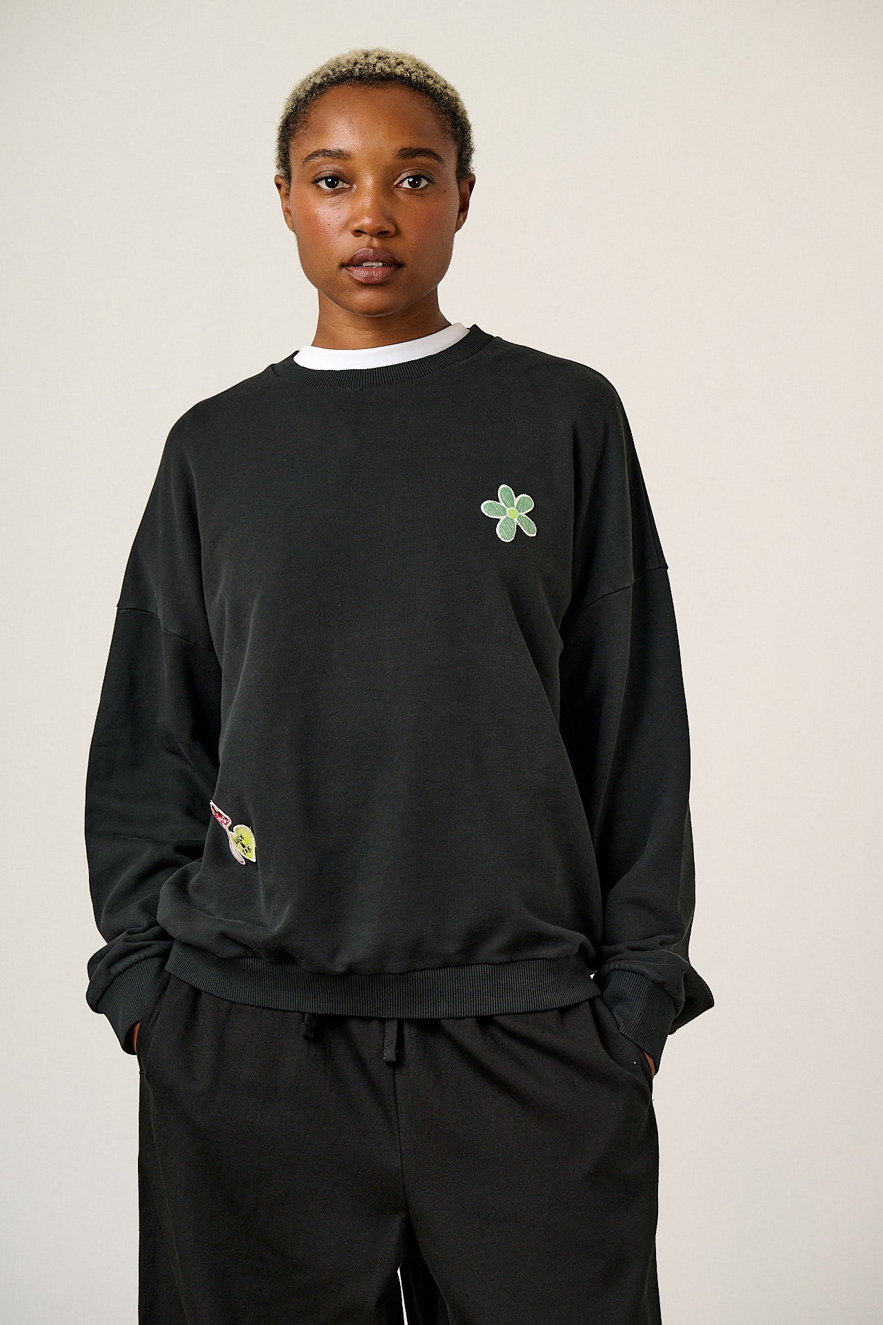 Sutton - Cotton Oversized Sweatshirt in Black with Punk Energy Patches