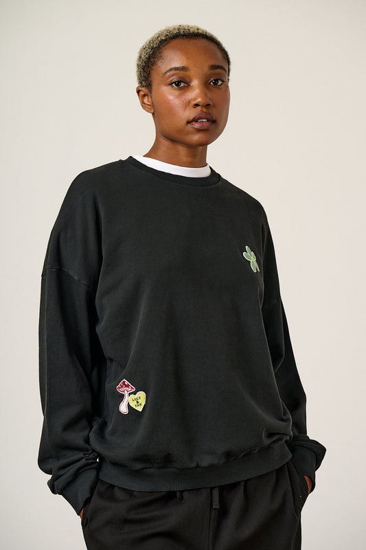 Sutton - Cotton Oversized Sweatshirt in Black with Punk Energy Patches