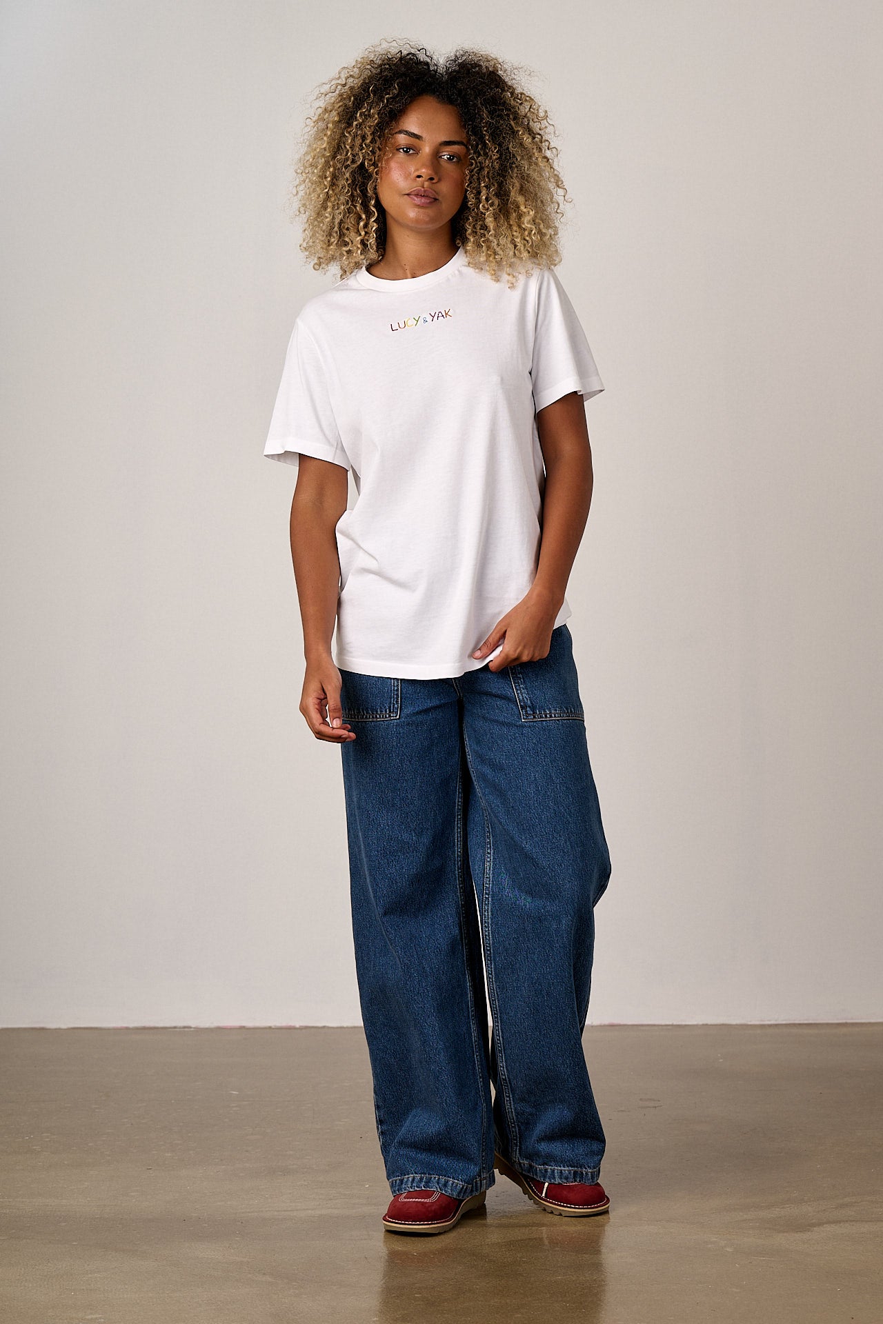 Denver - Cotton T-Shirt in White with Rainbow Logo Embroidery