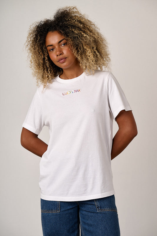 Denver - Cotton T-Shirt in White with Rainbow Logo Embroidery