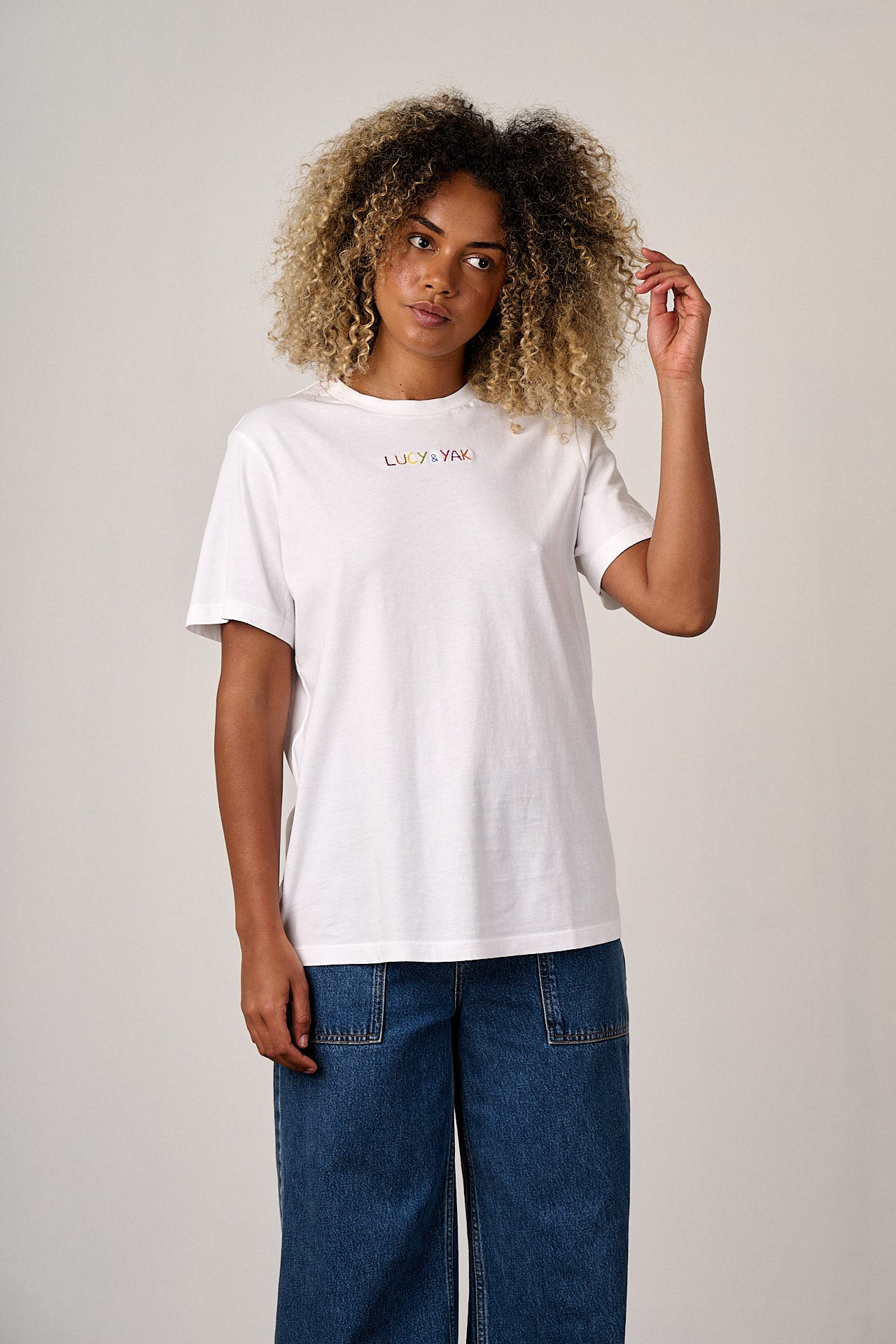 Denver - Cotton T-Shirt in White with Rainbow Logo Embroidery