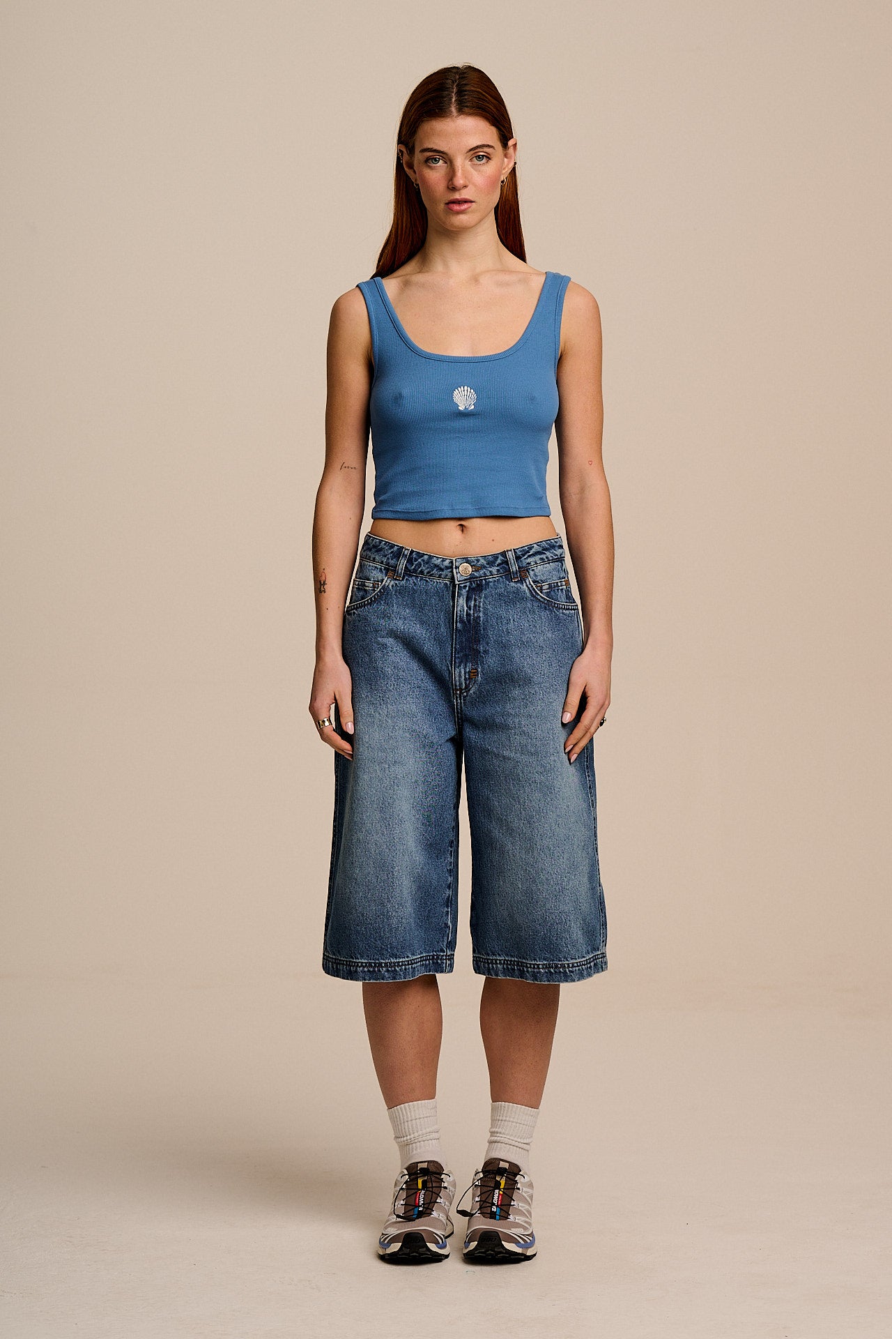 Eden - Cotton Ribbed Vest in Blue Shell Embroidery