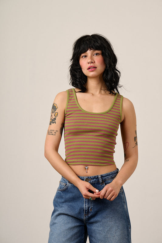 Eden - Cotton Ribbed Vest in Green & Red Stripe