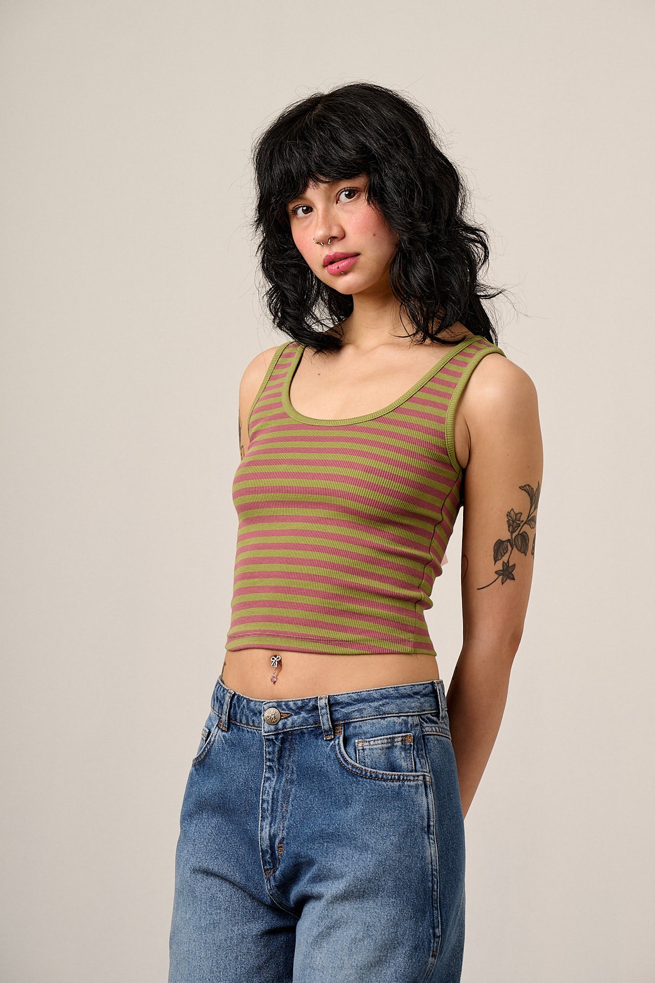 Eden - Cotton Ribbed Vest in Green & Red Stripe