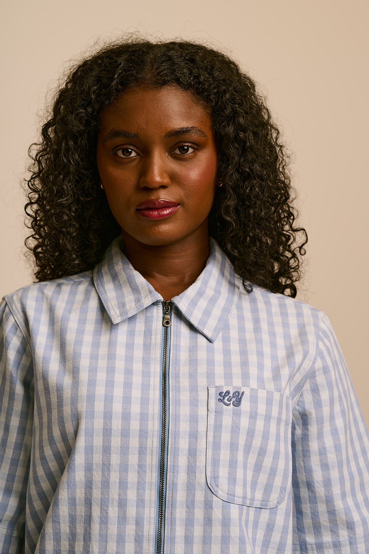 Elio - Cotton Zip Through Shirt in Blue Gingham