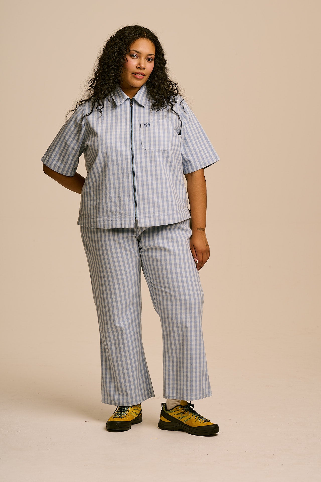 Elio - Cotton Zip Through Shirt in Blue Gingham