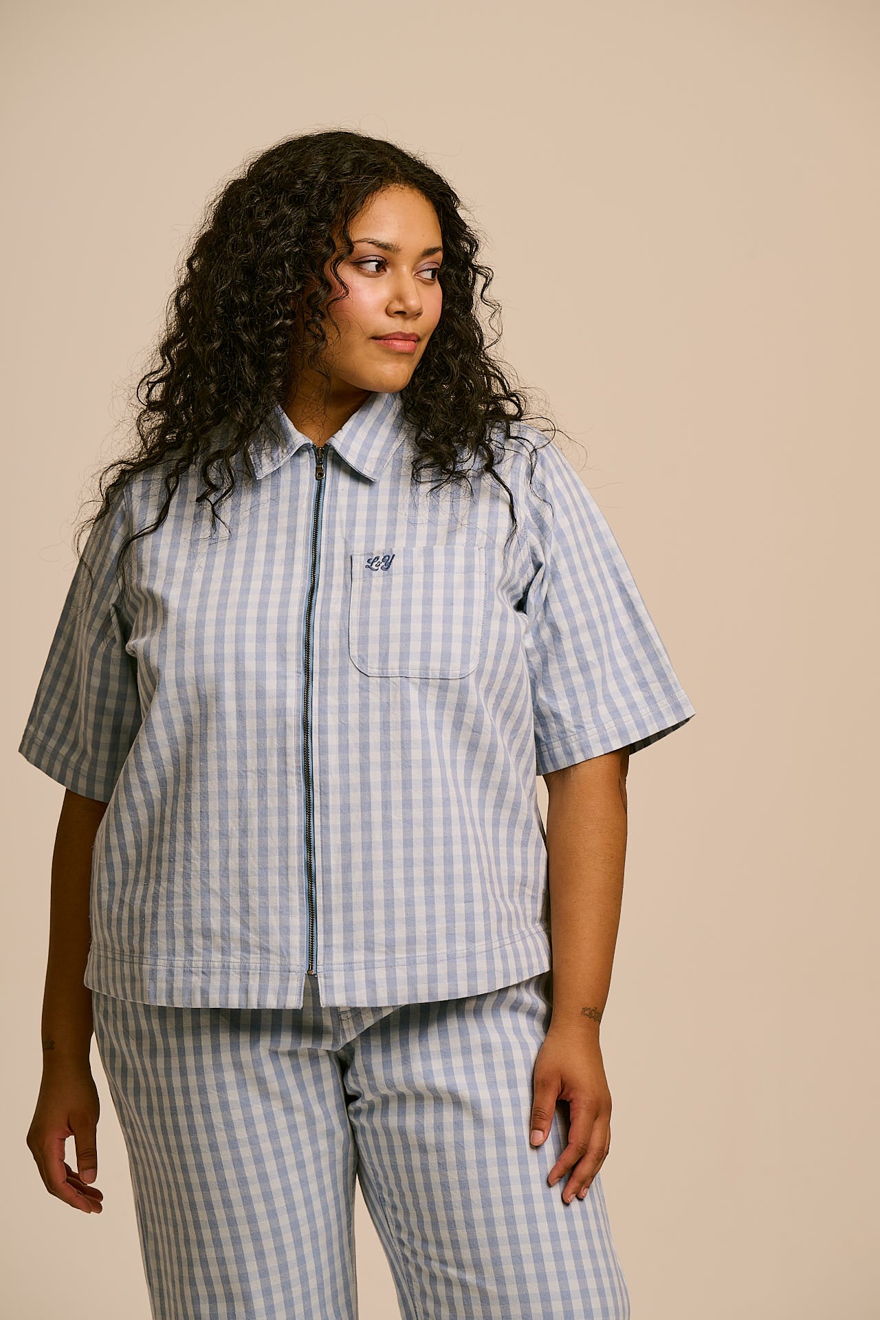 Elio - Cotton Zip Through Shirt in Blue Gingham
