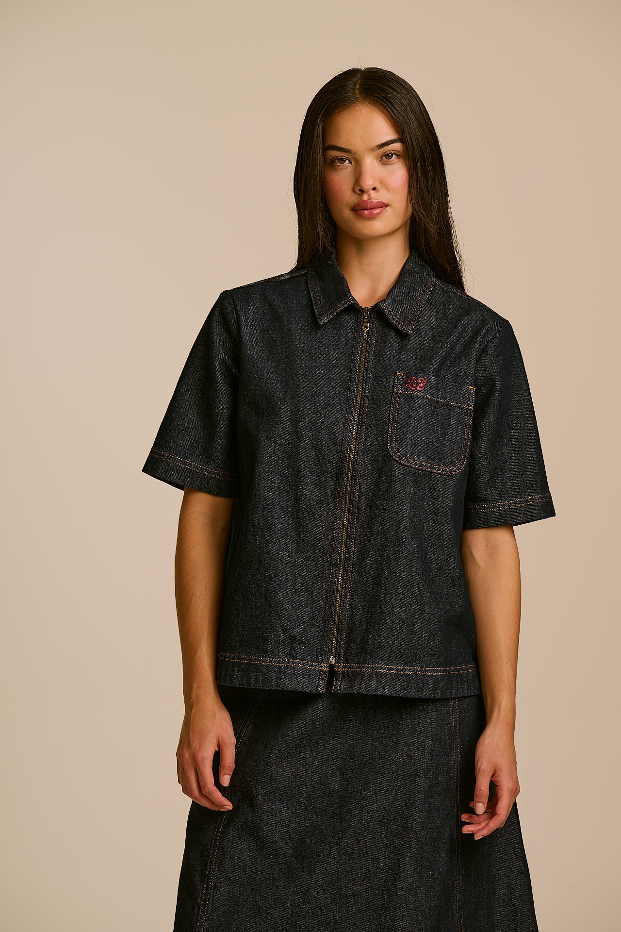 Elio - Denim Zip Through Shirt in Indigo Denim